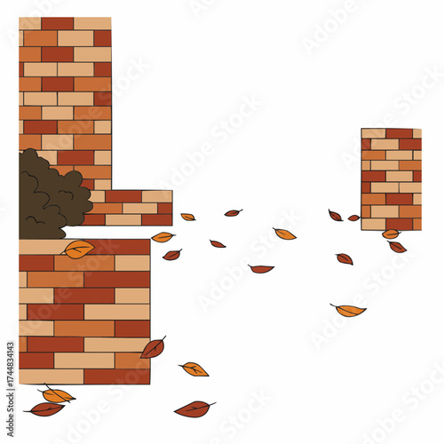 Brick courtyard with scattered autumn leaves and greenery  