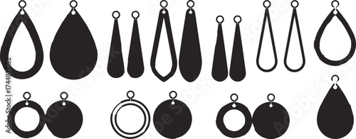 Black silhouette earring design set, fashion accessory template, teardrop and circular styles, jewelry crafting icons, modern handmade earring shapes