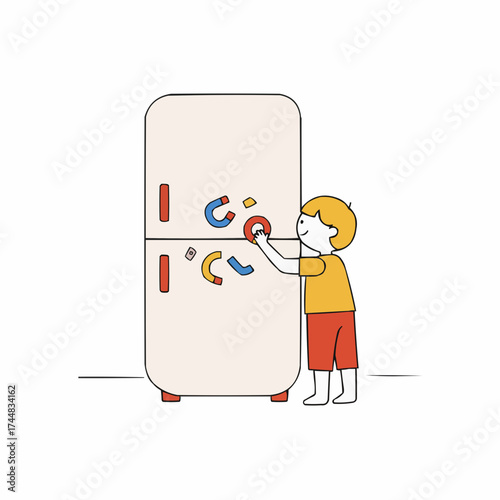 Young child placing magnets on refrigerator in simple interior  