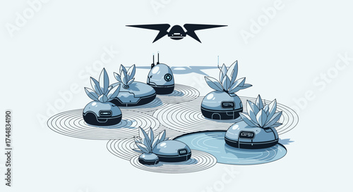 Futuristic floating pods with plant-like structures and a sleek drone overhead.