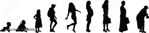 Black silhouette set showing stages of human life from baby to elderly woman, ideal for education and development themes
