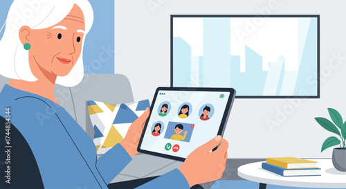 A flat design illustration depicting an elderly woman confidently using a tablet for a video call, representing the growing role of technology in maintaining social connections and accessing telemedic