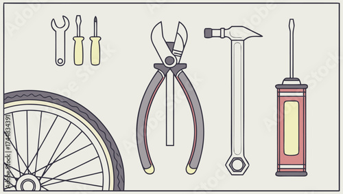 A collection of tools arranged neatly including wrenches screwdrivers pliers hammer and a bicycle wheel section
