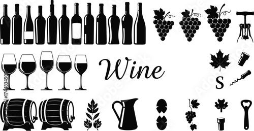 Black wine icon set featuring bottles, glasses, grapes, corkscrews, barrels, leaves, and stylized text for wine culture themes