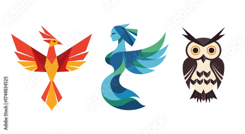 Geometric Stylized Phoenix Mermaid and Owl Illustrations.