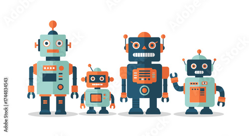 Group of colorful robots standing together in a row.