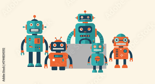Group of Five Colorful Retro Robots Standing Together.