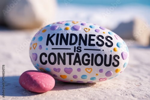 Inspirational kindness is contagious message painted rock close up beach setting positive vibes