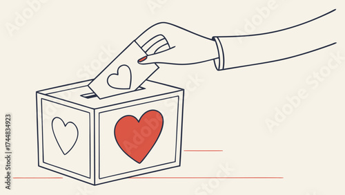 A hand placing a heart shaped card into a box decorated with hearts in a simple line drawing style
