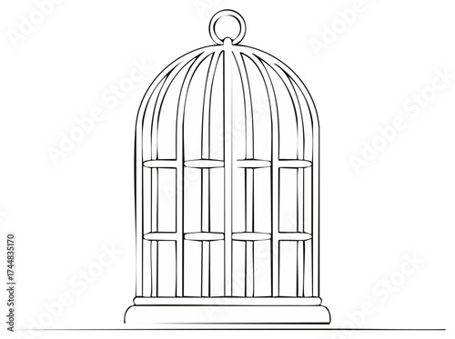 Line art illustration of an empty birdcage simple black outline drawing design