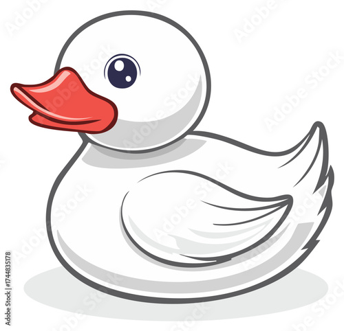 Cartoon illustration of a white rubber duck with a red beak and an eye