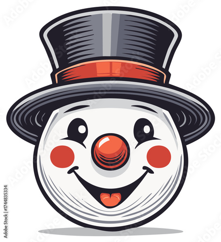 A cheerful cartoon snowman head illustration wearing a fancy top hat with a red ribbon and a big smile ready for winter festivities