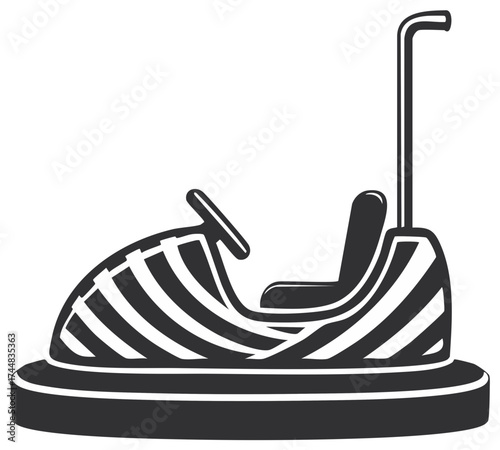 Black and white illustration of a bumper car, showing steering wheel and seat, on a plain background