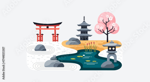 Japanese Garden Illustration with Torii Gate Pagoda and Sakura Tree.