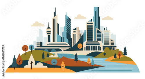 Modern city skyline with a park and river vector illustration.