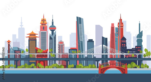 Modern City Skyline with Tall Buildings and a Bridge.