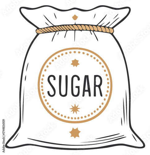 Vintage hand drawn illustration of a classic sugar sack tied with rope. Vector food ingredient icon.