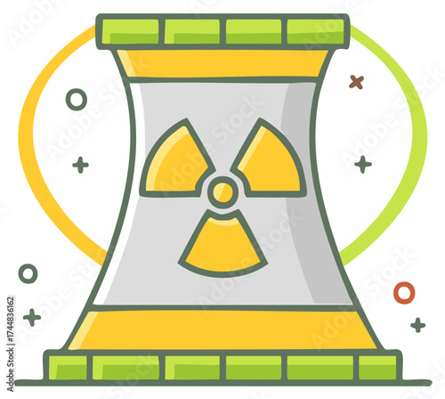 Cartoon illustration of a nuclear power plant with a radiation symbol