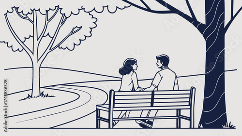 A couple sitting on a park bench under a tree looking at each other in a black and white line drawing style
