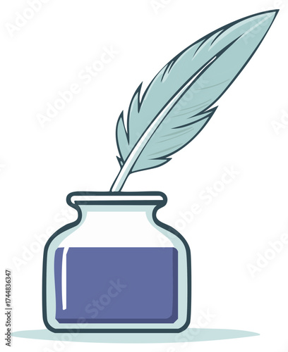 Feather Quill Pen Dipped in Inkwell with Purple Ink Classic Writing Tool Illustration