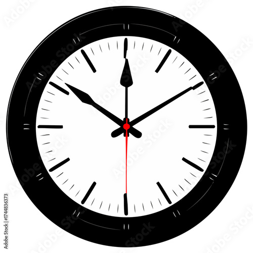 Modern black and white analog clock face showing current time with red second hand