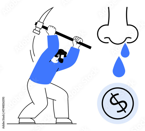 Man holding a pickaxe in effort, drops of liquid falling from a nose, and a dollar sign. Ideal for hard work, income, labor, investment, determination, perseverance simple flat metaphor