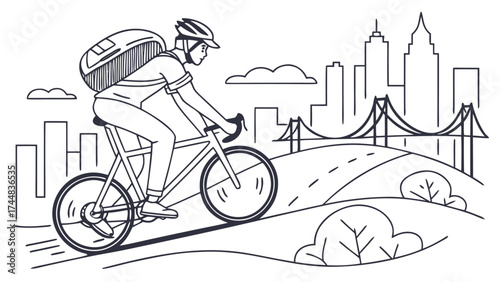 A delivery cyclist riding through a city landscape with a bridge and skyscrapers in the background view art
