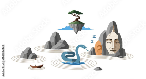 Mystical Landscape with Sleeping Serpent and Floating Island.