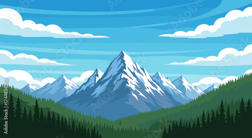 Majestic Snow Capped Mountain Range Surrounded by Lush Green Forests Under a Blue Sky with Fluffy Clouds.