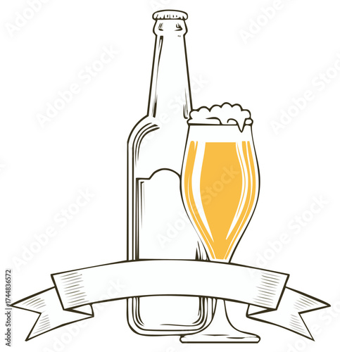 Vintage drawing of a beer bottle and foamy glass with a blank ribbon banner for a logo or label design