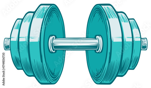 Vintage style illustration of a teal dumbbell for fitness and weight training concepts