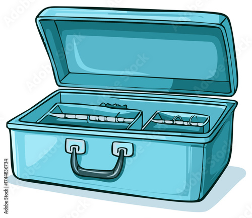 Open blue toolbox with compartments for fishing hooks and tackle storage.