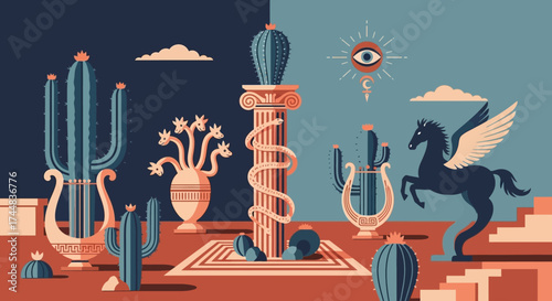 Mythological Creatures and Desert Flora Assemblage.