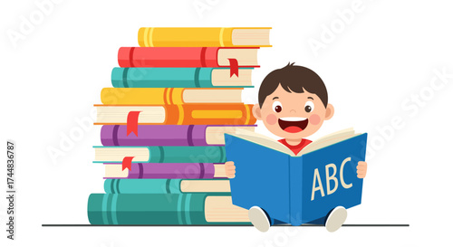 Happy Boy Reading ABC Book Stacked Books Education Concept.