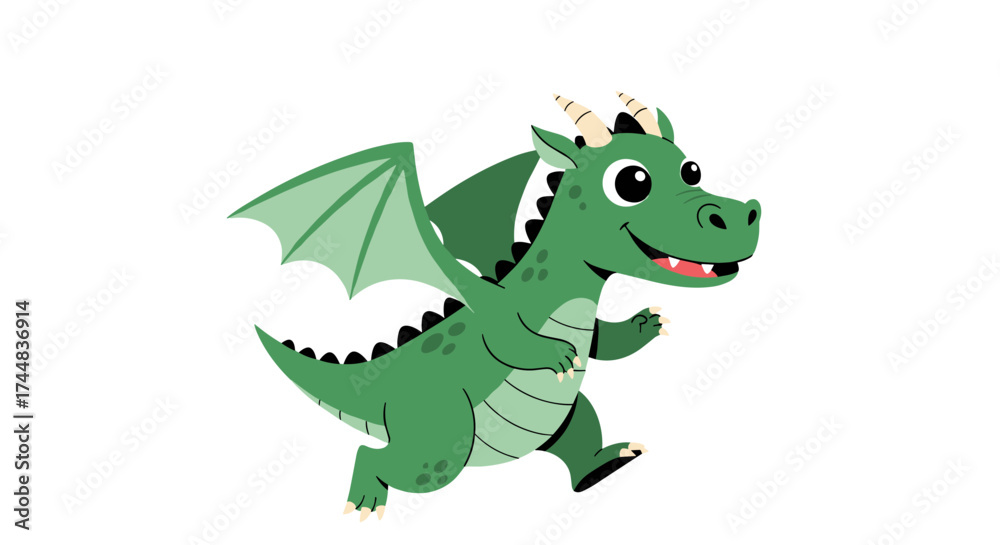 Fototapeta premium Cute Green Dragon Running with Wings Spread Out.
