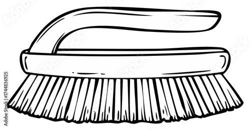 A simple black and white line art illustration of a cleaning scrub brush with a handle