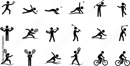 Athletic sports activities pictogram vector illustration, stick figures in various exercises, sports icon set, weightlifting, tennis, golf, cycling, isolated symbols