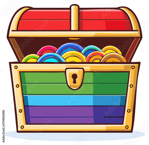 Vibrant rainbow treasure chest illustration filled with colorful coins