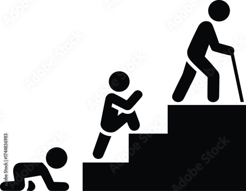 Life stages evolution illustration, crawling baby, walking adult, elderly with cane, black and white drawing, human development, aging concept, silhouette art