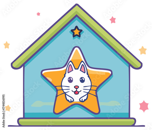 Adorable White Cat in Star Shaped Window of Toy House Surrounded by Colorful Stars Illustration for Children