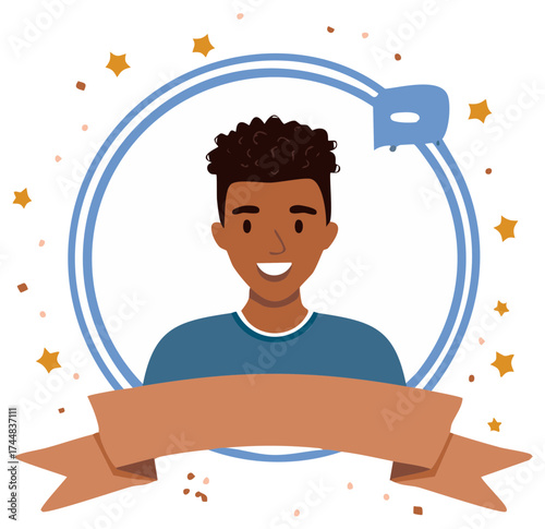 Cheerful portrait of a happy young man encircled by stars and banner, creating celebratory illustration and joyous atmosphere