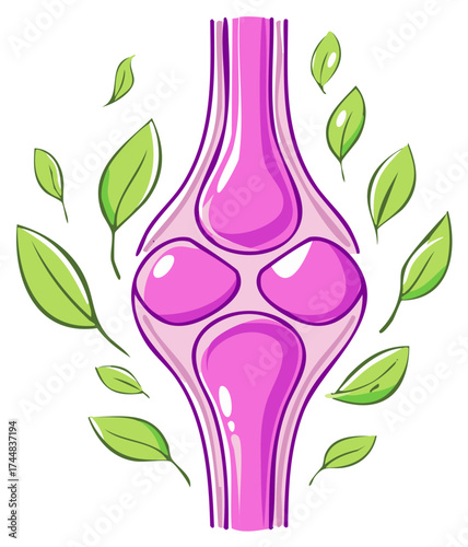 Stylized illustration of a healthy knee joint with surrounding green leaves representing natural healing or wellness.