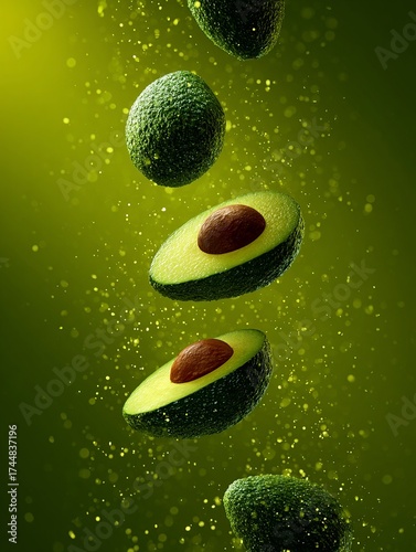 Avocado falling down with gradients background.
