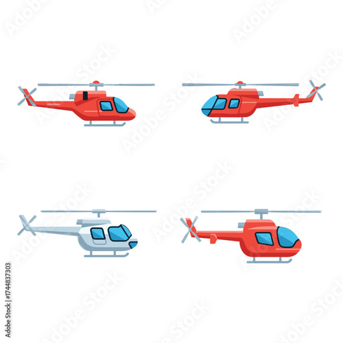 Diverse helicopter illustrations in multiple colors and perspectives for aviation projects