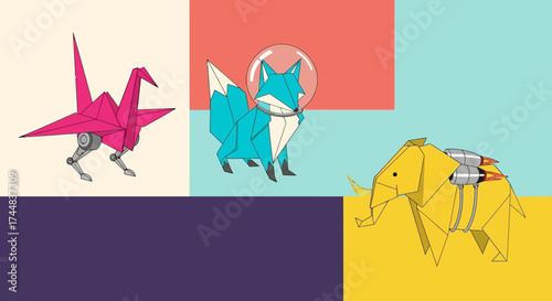 Origami animals in vibrant colors and geometric style.