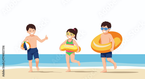 Children playing on the beach with inflatable toys.