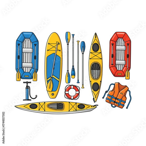 Vibrant collection of water sports equipment for exciting outdoor adventures