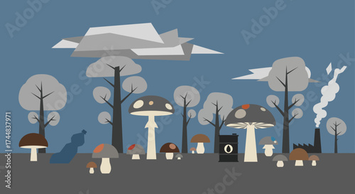 Polluted forest scene with mushrooms and industrial elements.