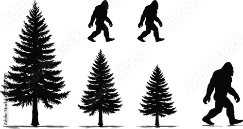 Bigfoot and Pine Tree Silhouette Vector Set – Forest Creatures, Mythical Figures, Nature Scale Comparison for Outdoor and Fantasy Design Use