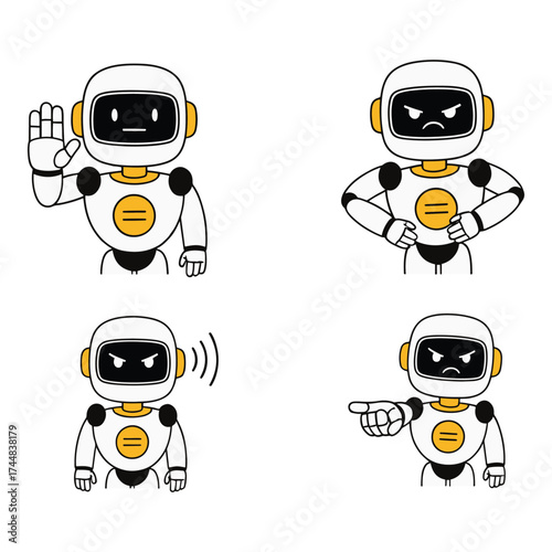 Four diverse cartoon robots expressing various emotions and performing different actions